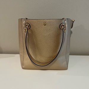 Gold leather tote with shoulder strap